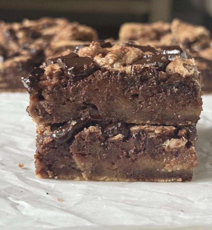 Stack of gooey blondies.