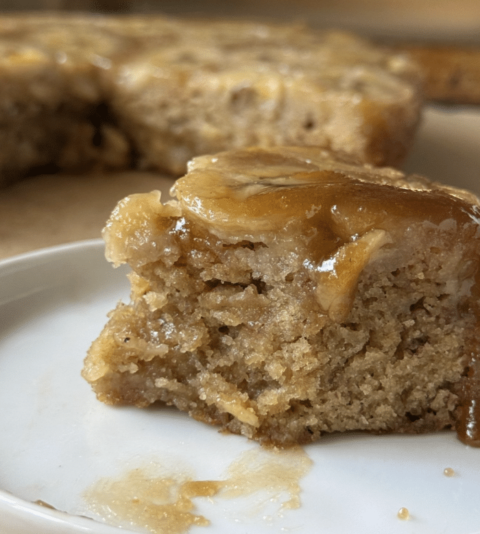 Close up of banana upside down cake.