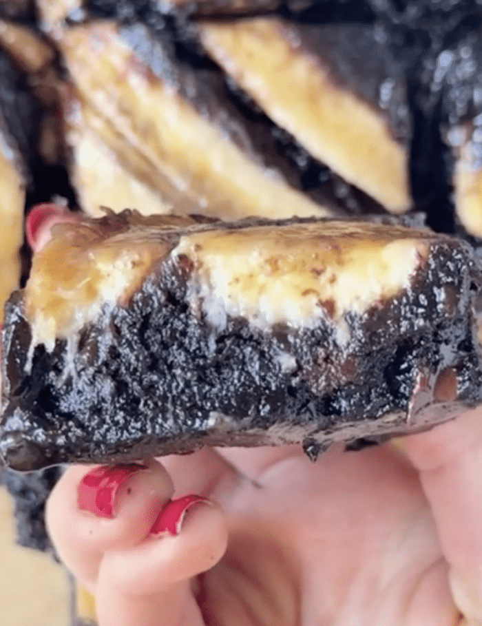 Close up of banana upside down brownies.