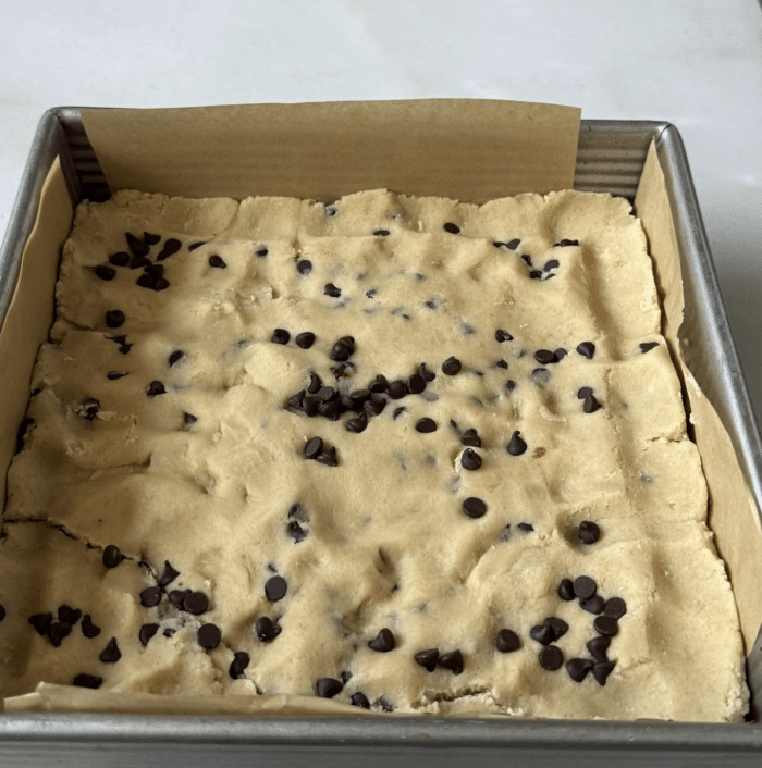 Frozen cookie dough in pan.