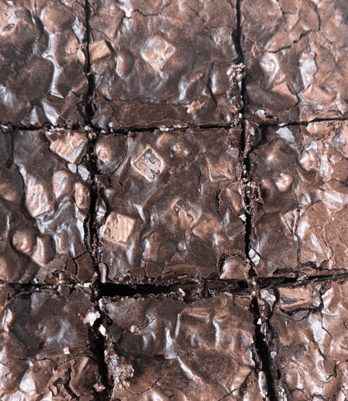 Squares of dark cocoa dessert.
