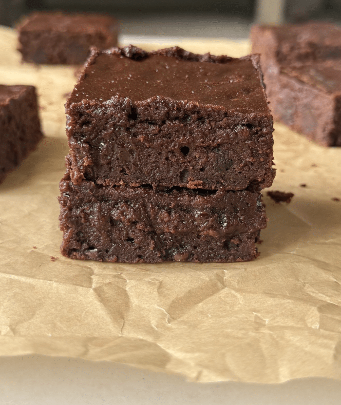 Stack of hot fudge brownies.