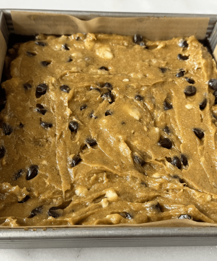 Banana batter in pan.