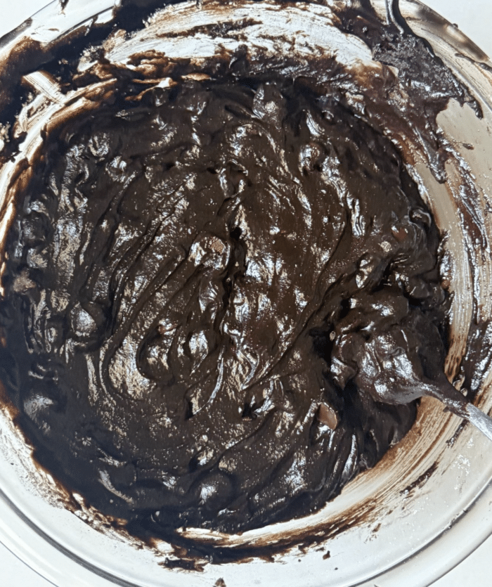 Dark batter in bowl.