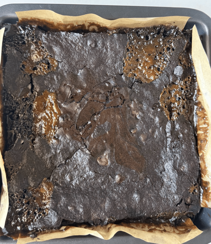 Baked caramel chocolate dessert.