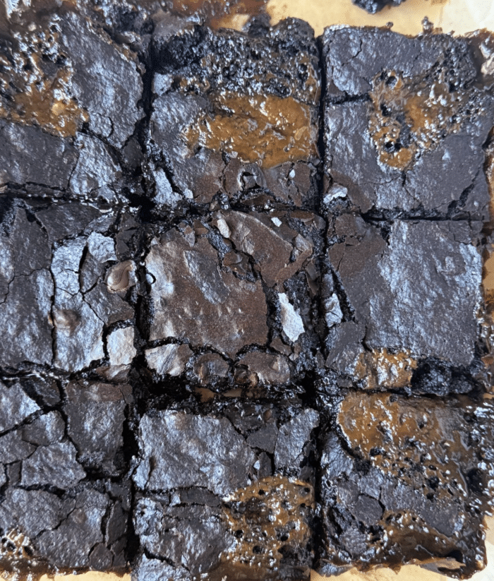 Sliced gooey desserts.