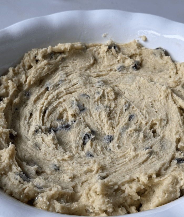 Cookie dough in pie plate.
