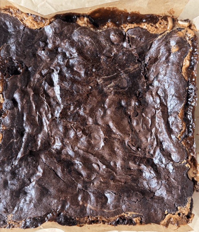 Baked Snickers brownies.