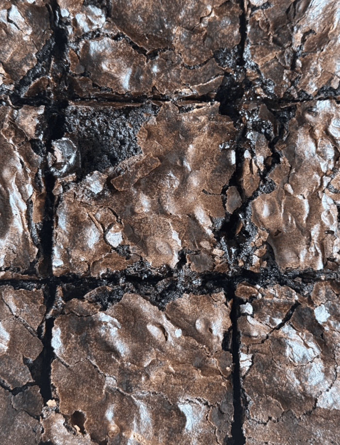 Sliced fudgy gooey brownies.