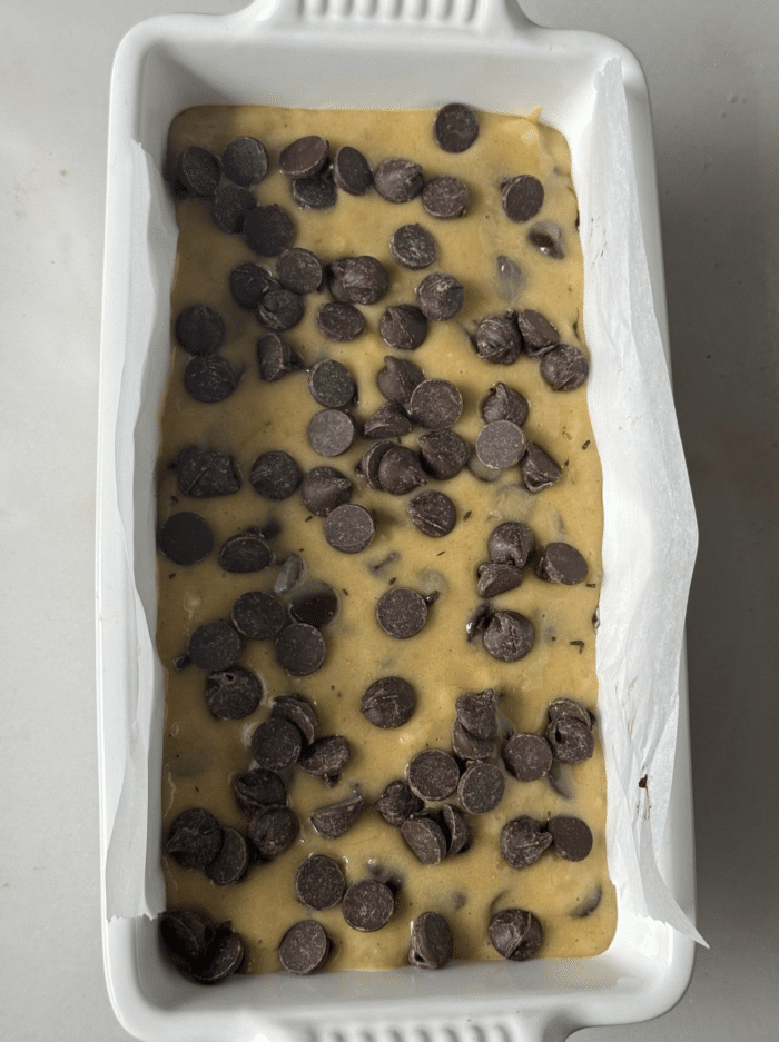 Bread batter with chocolate chips.