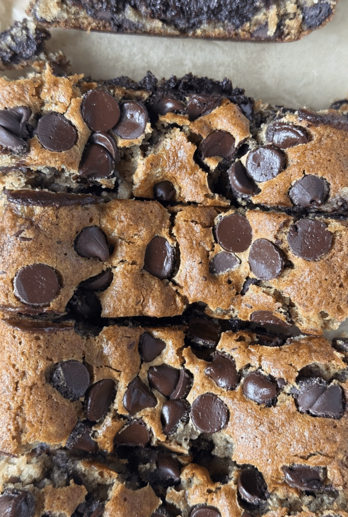 Sliced brownie loaf.