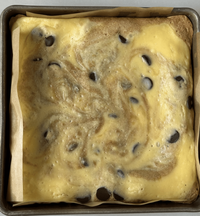 Square pan of creamy cookie bars.
