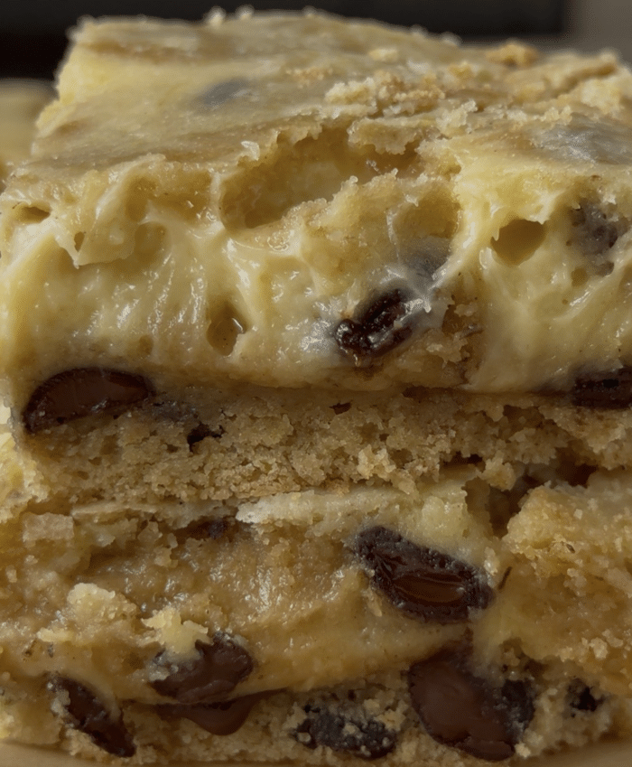 Close up of cookie dough cheesecake bars.