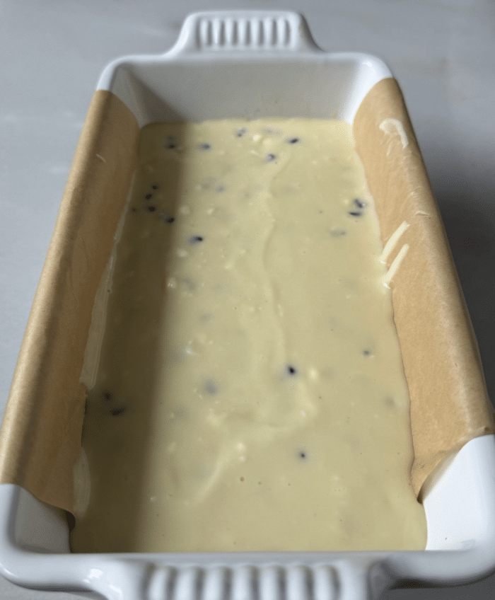 Creamy mixture in loaf pan.