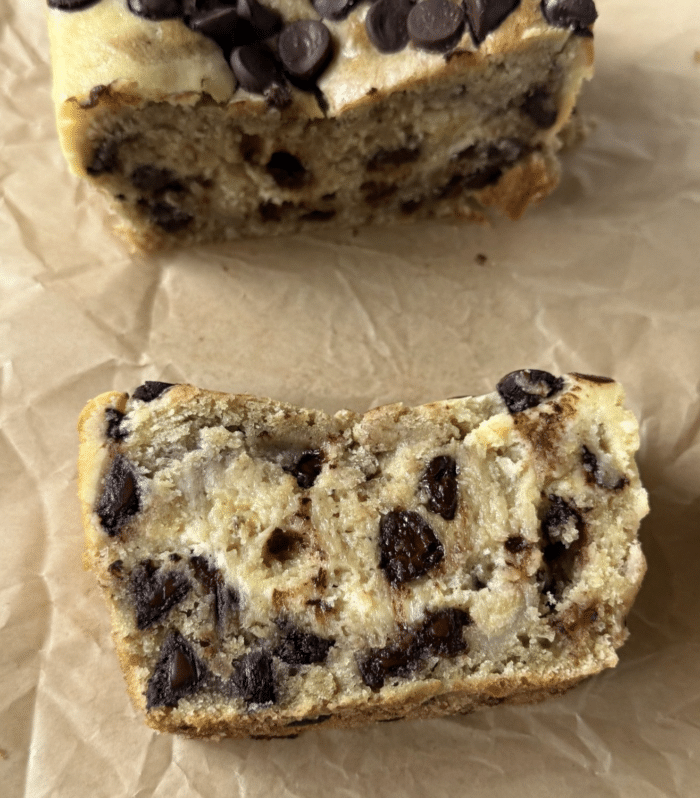 Swirled loaf with chocolate chips.