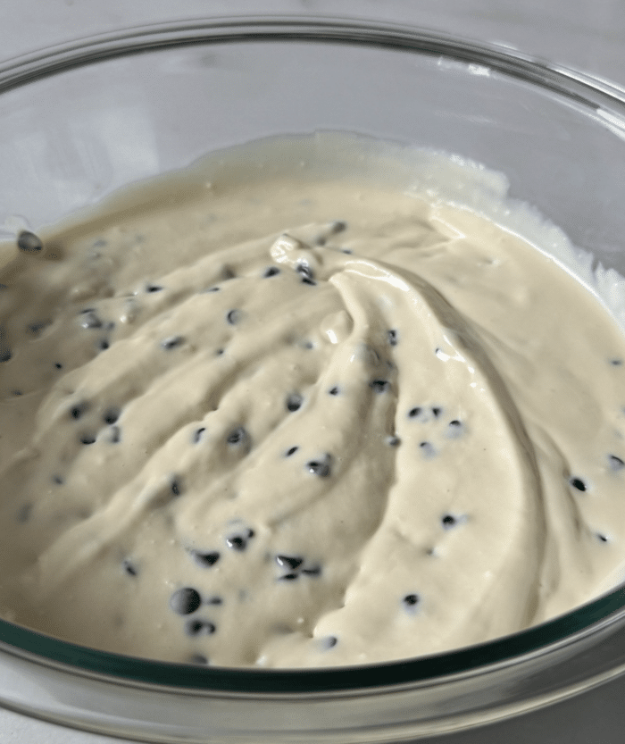 Chocolate chip cheesecake batter.