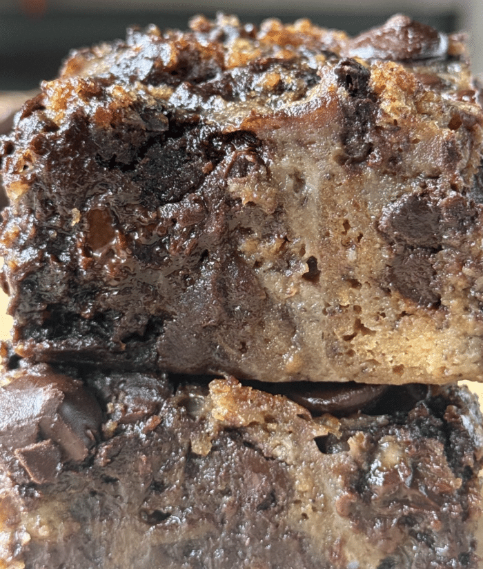 Up close of banana bread pudding.