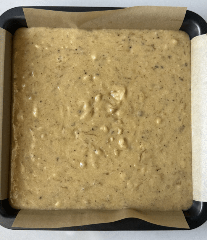 Banana batter in pan.