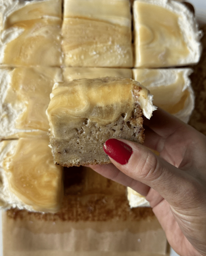 Gooey cake with fingers.