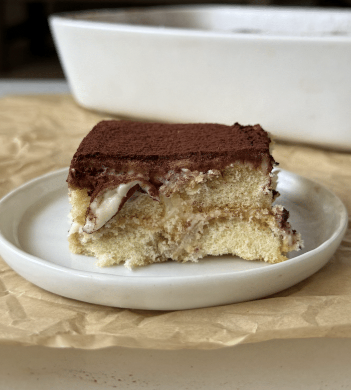 Plate with gluten free tiramisu.