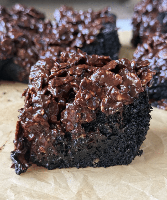 Close up of chocolate crunch cake.