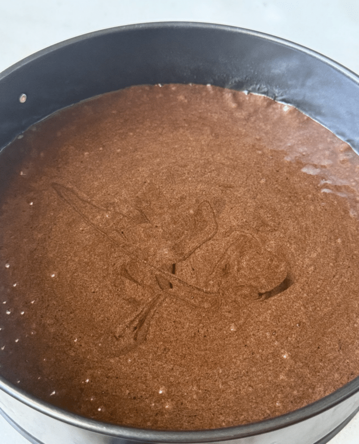 Springform pan with cake batter.