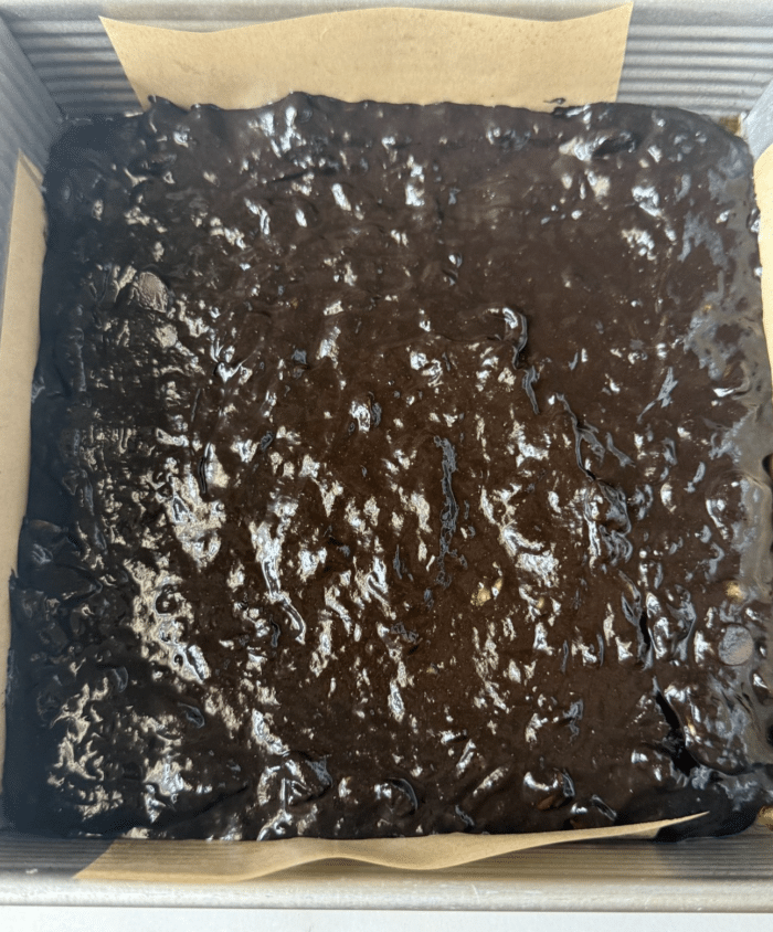 Square pan with batter.