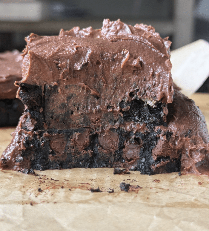 Bite of healthy brownies.