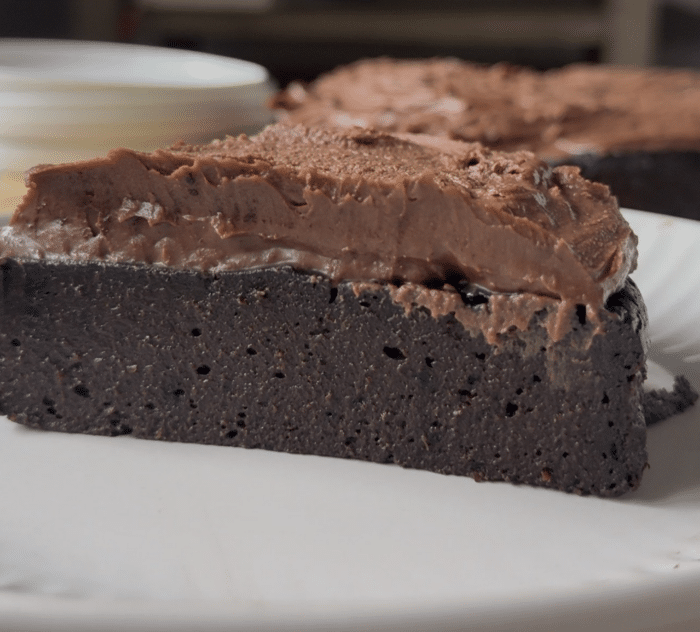 Bite of chocolate cake.