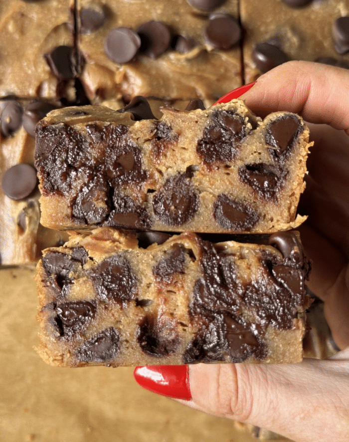 Hand with high protein blondies.