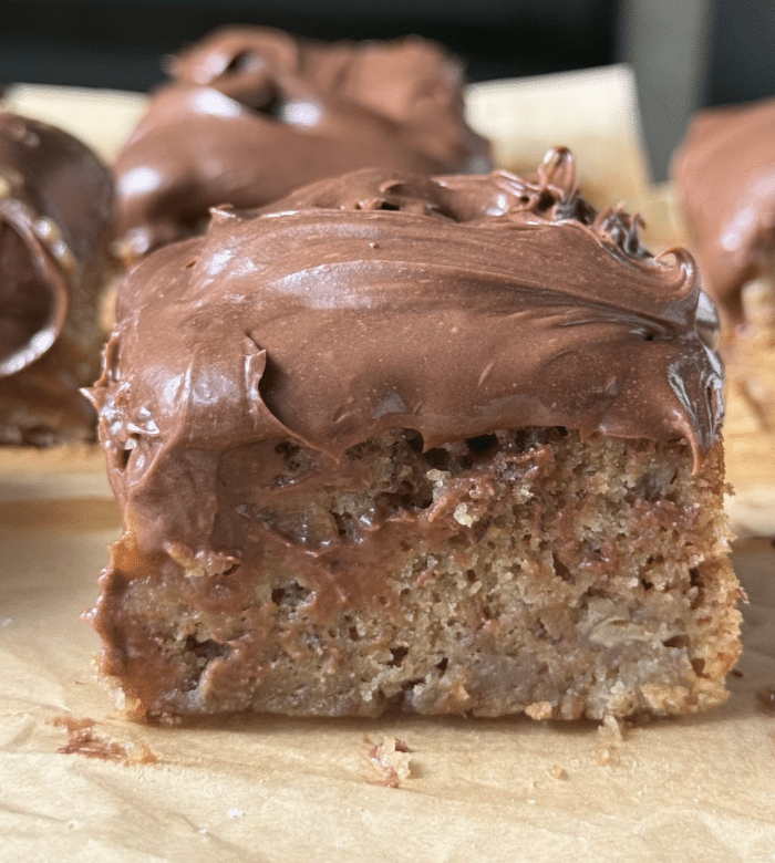 Banana cake with chocolate frosting.