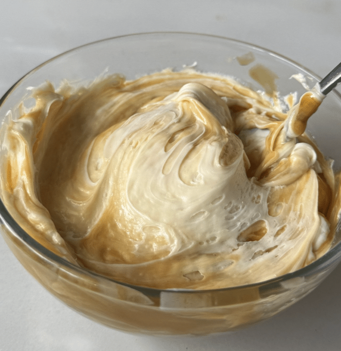 Whipped caramel in bowl.