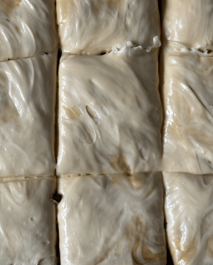 Creamy frosting squares.