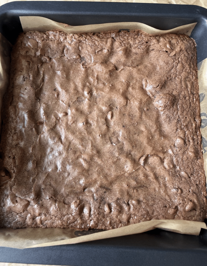 Square pan with brownies.
