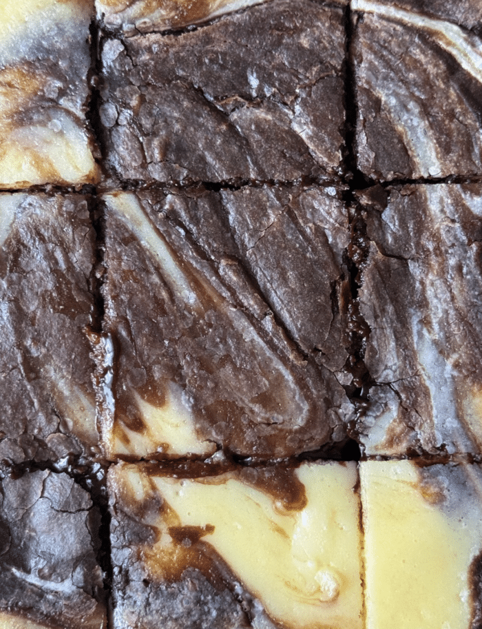 Sliced gooey brownies.
