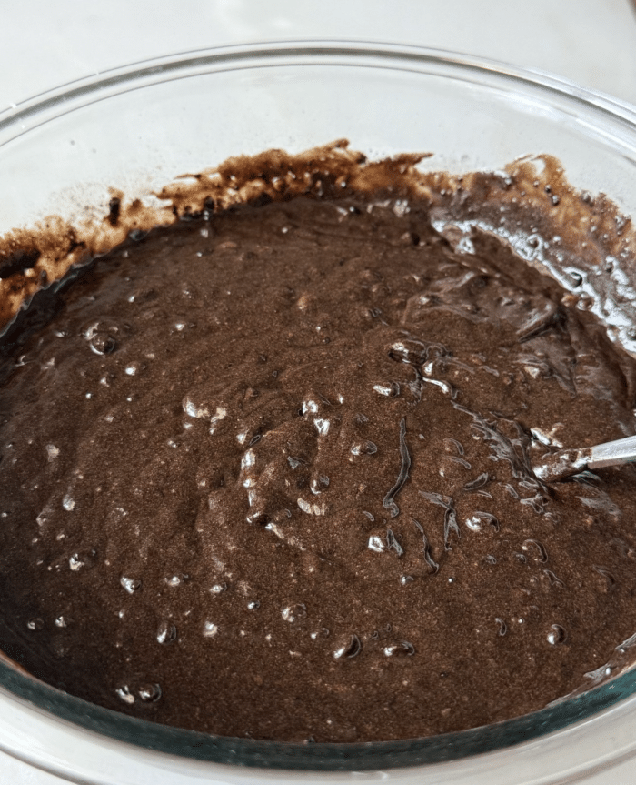 Brown batter in mixing bowl.