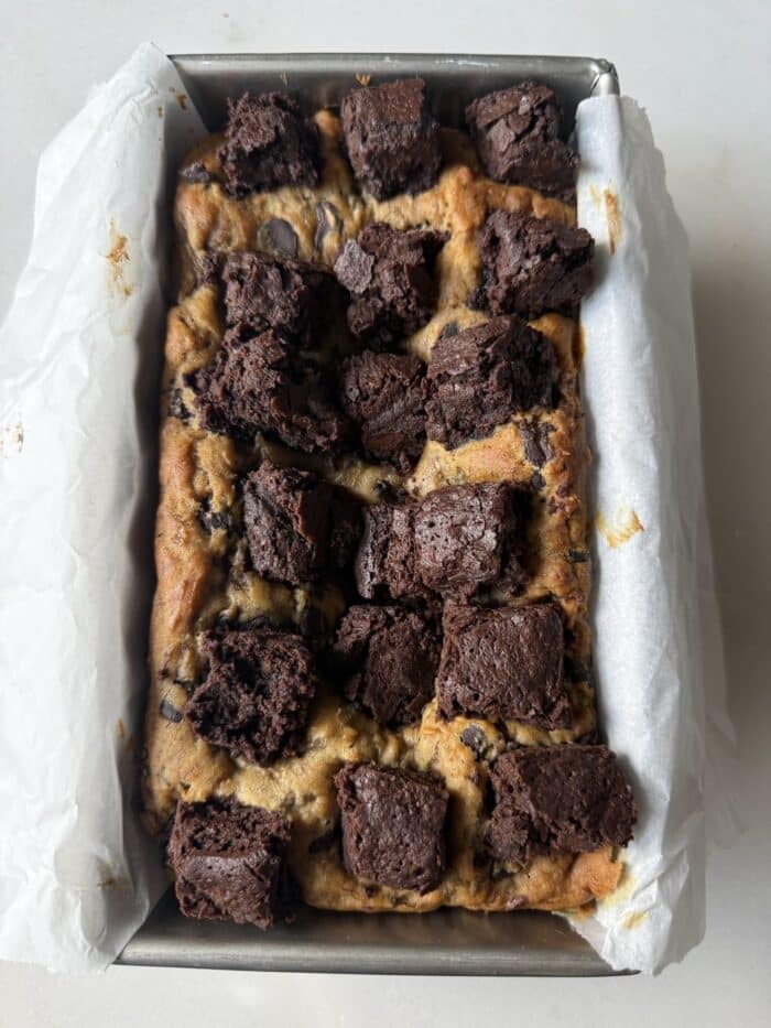 Baked brownie bite bread.