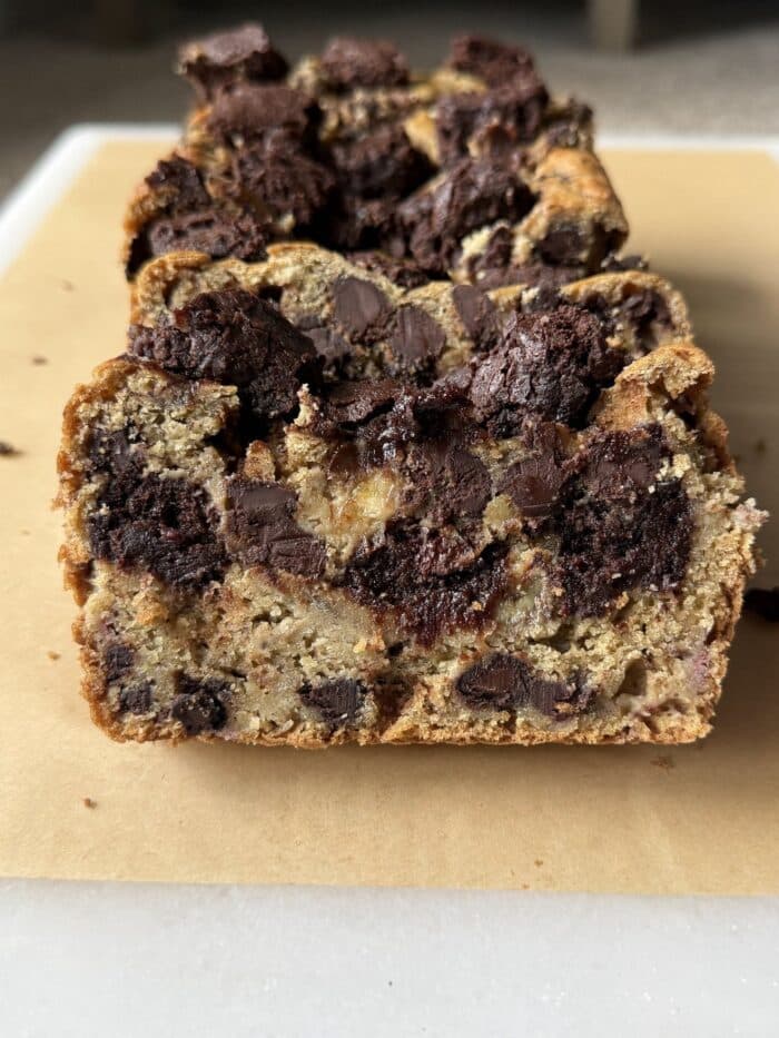 Banana bread leaned up.