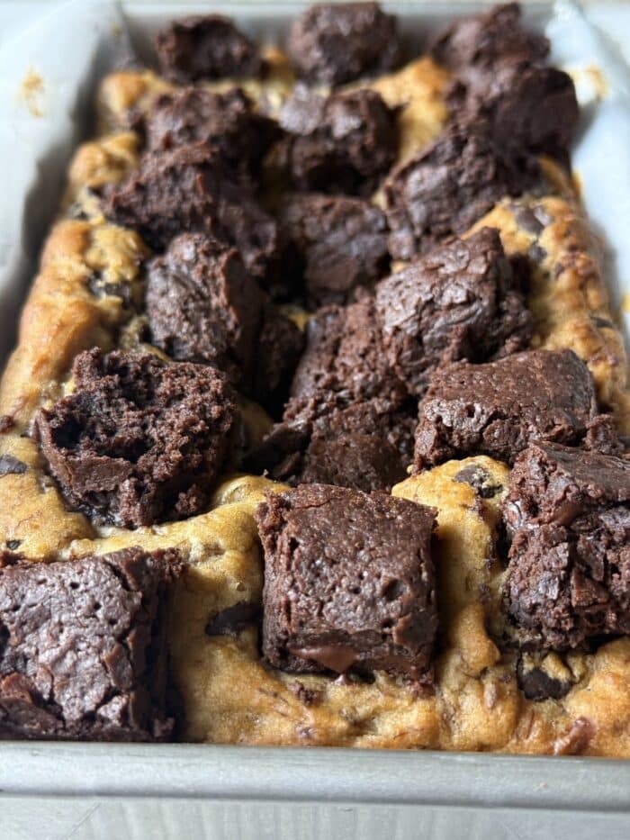 Close up of brownie bite banana bread.
