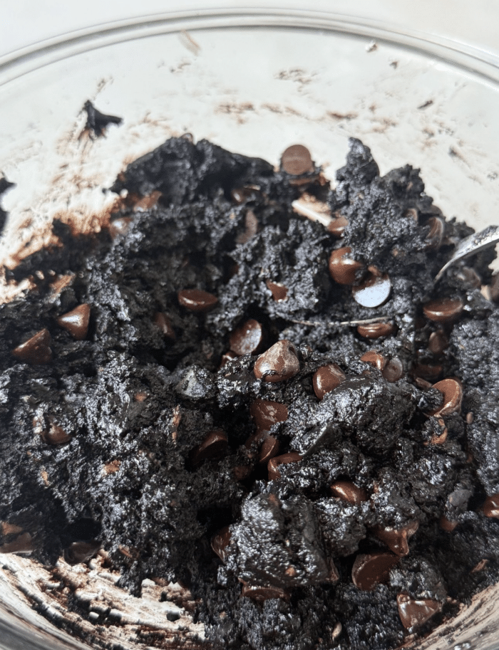 Brownie batter with veggies.