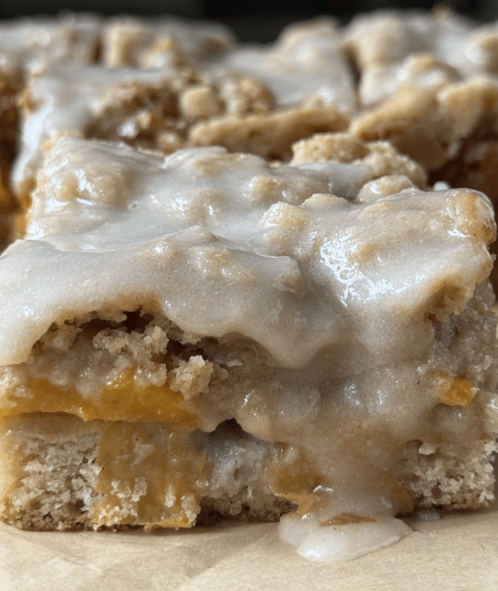 Close up of peach coffee cake.