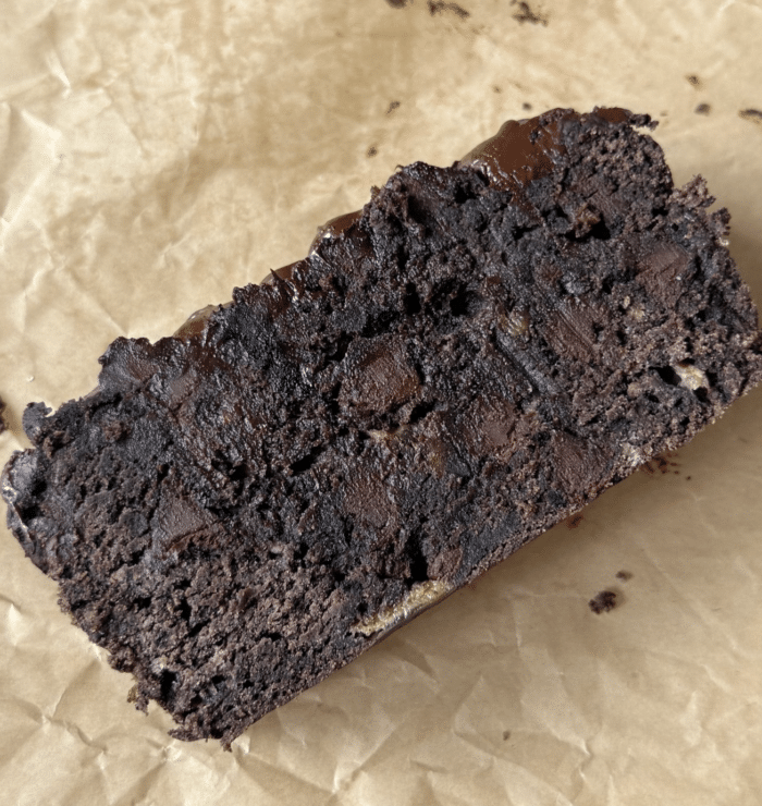 Slice of double chocolate banana bread.