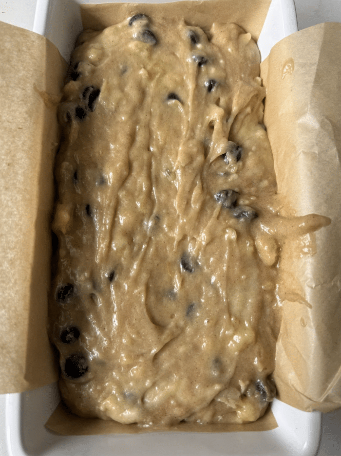 Brown loaf batter in pan.