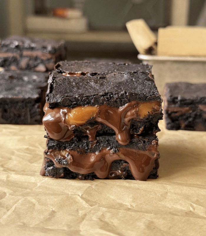 Gooey caramel cocoa bars.