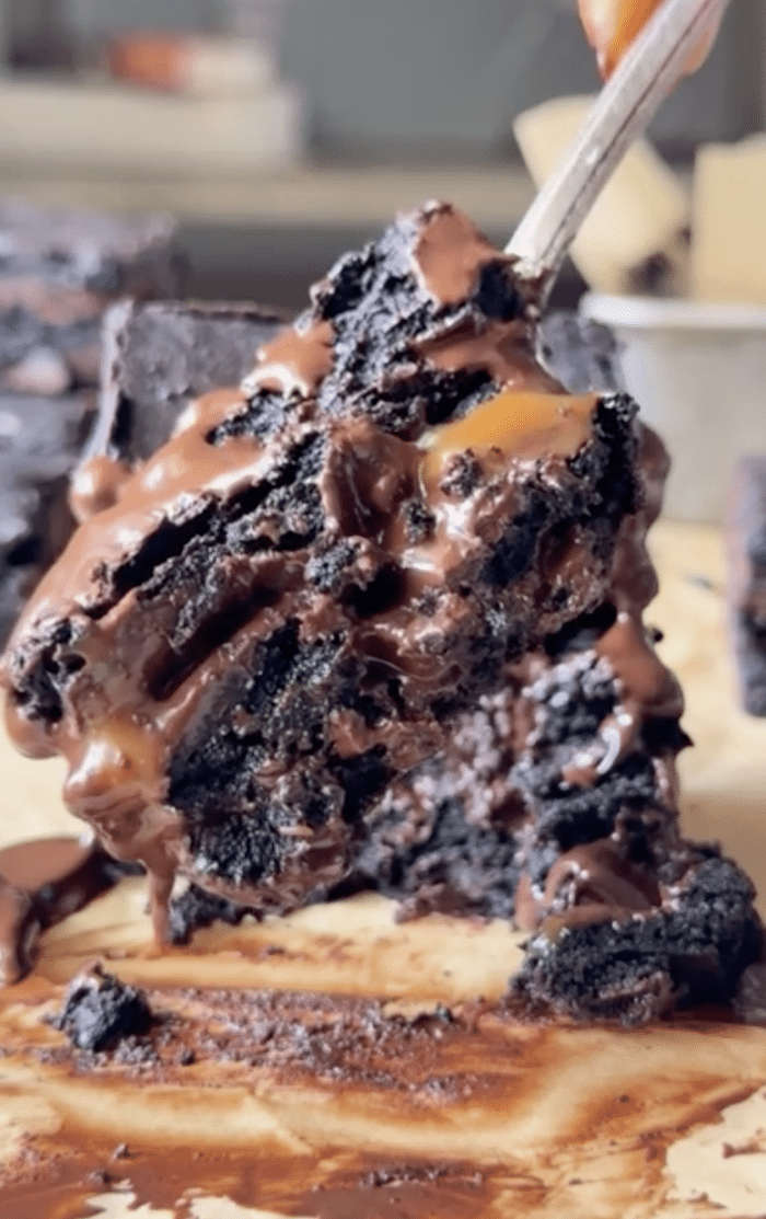 Bite of chocolate bar brownies.