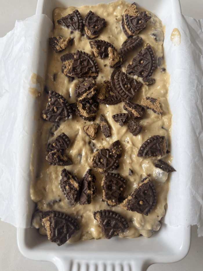Batter with crumbled cookies.