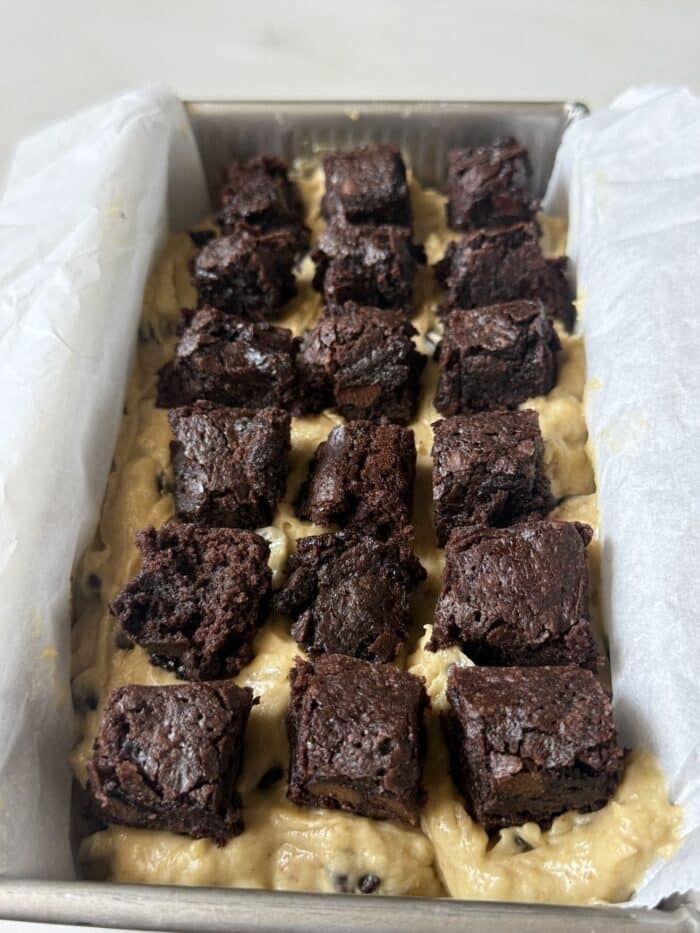 Loaf batter with chocolate pieces.