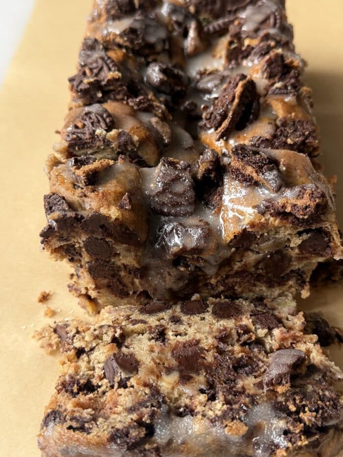 Sliced cookies and cream banana bread.