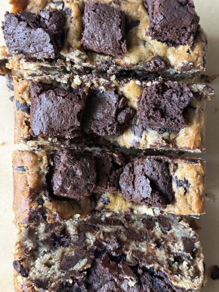Slices of thick brownie bread.
