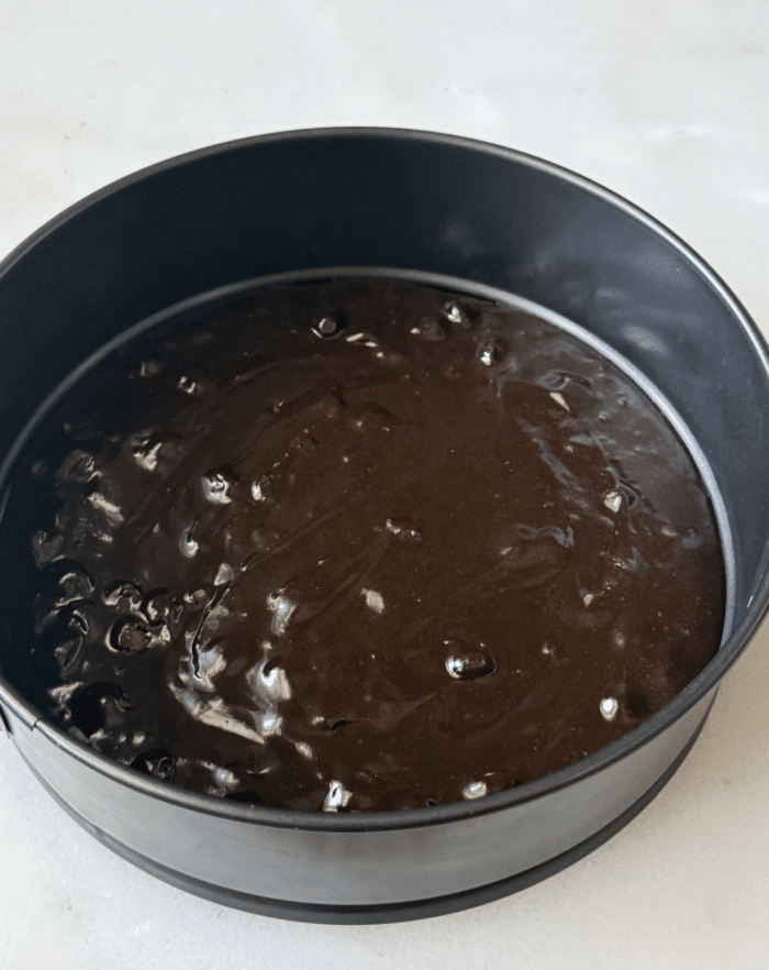 Dark batter in springform pan.